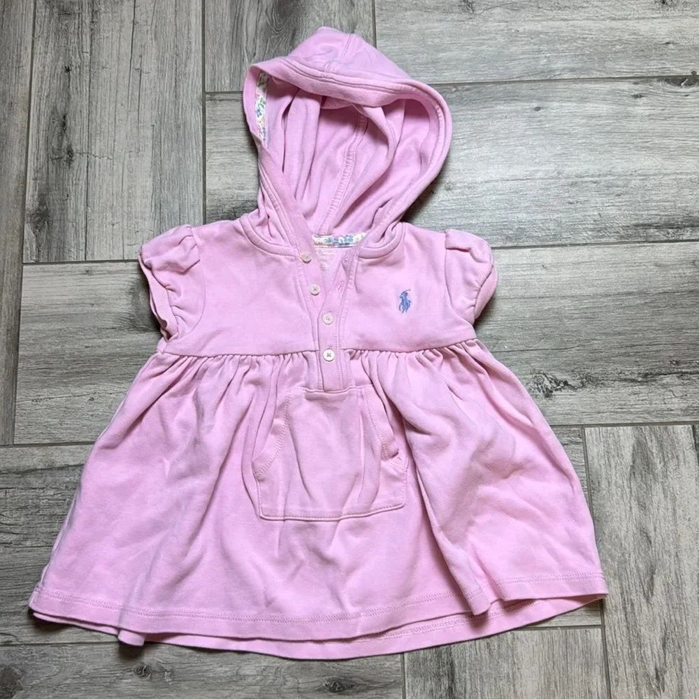 Ralph Lauren Girl Puff Sleeve Hooded Half Button Front Mini Dress Pink Size 18M